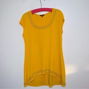 Premise women's yellow cap sleeve blouse high-low hem stud embellishments XL